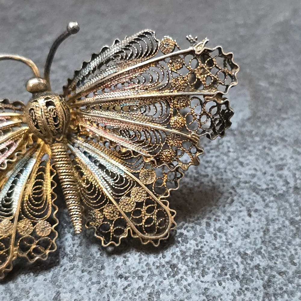Vintage Italian 800 Silver Filigree Butterfly Brooch with a gold wash (vermeil)